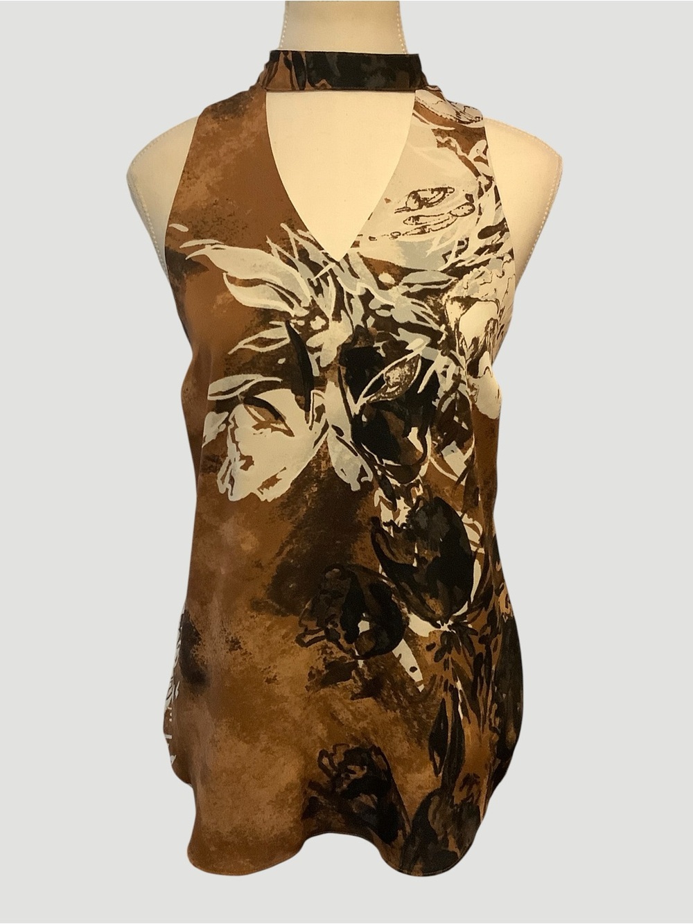 Le Château Floral Halter Neck Chiffon Blouse Brown Cream Size Small